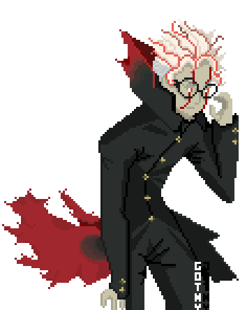Image decription: An anime-styled portrait of Ken "Okarun" Takakura from Dandadan, blocked with simple shadows in pixel-art. He stands in his yokai form, white hair rimmed with red, skin slightly grey, gakuran warped and demonic.
