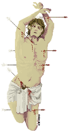 Image description: A pixel art piece of an unclothed white man with pallid skin and sweaty, dark hair that sticks to his face. His eyes are closed and his face tilted upwards. A white cloth is draped across his hips and he is pierced by arrows.
