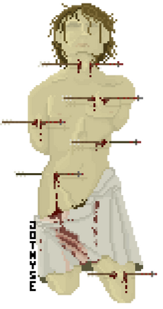 Image description: A pixel art piece of an unclothed white man with pallid skin and sweaty, dark hair that sticks to his face. His eyes are closed and his face tilted upwards. A white cloth is draped across his hips and he is pierced by arrows.