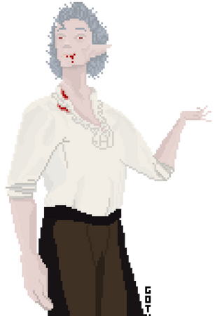 Image description: a pixel art piece of Astarion from Baldurs Gate 3. He is thin, pale, with lightly greying hair and pointed ears. He wears a frilly top and leather pants and looks off to the side, with an arrogant air to him. Blood drips from his mouth.