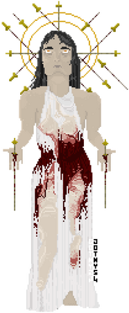 Image description: A pixel art piece of a pale woman with long dark hair and a haunted expression, looking up at something with her palms pierced and held out. She stands, in a white dress that is wet and soaked with blood. Her head is ringed with daggers.