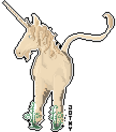 Image description: Pixel art portrait of a unicorn in profile looking to the left. It is coloured in soft creams and whites in a pixel-art style with clear classical mythology references. It has a shaggy main, beard and a large, lion-like tail whipping out